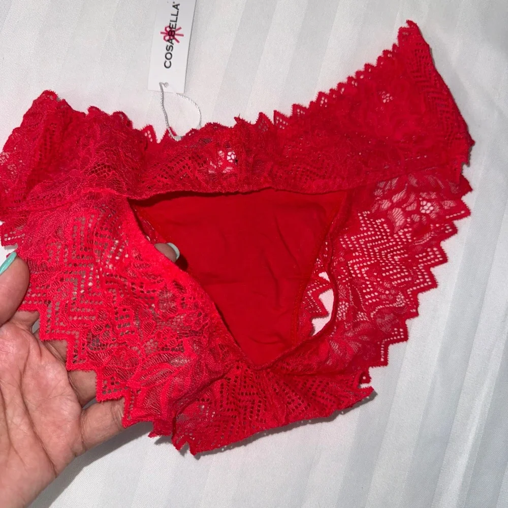 Cosabella‎ Red Floral Lace Open Back Cutout Cheeky Panties Scalloped Edge New M